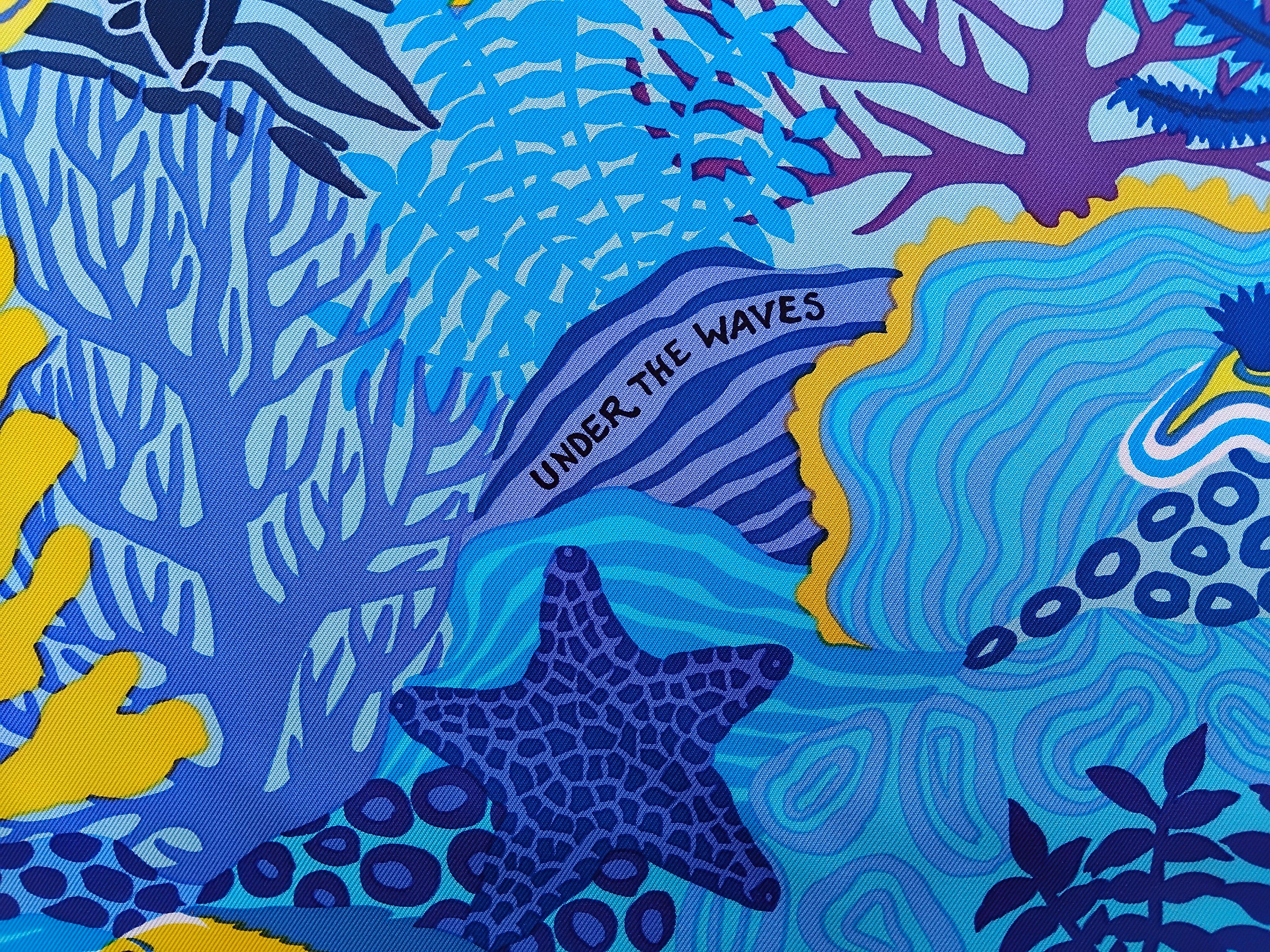 Hermès Under The Waves Seidenschal Türkis Blau Gelbe Alice Shirley 90 cm Damen