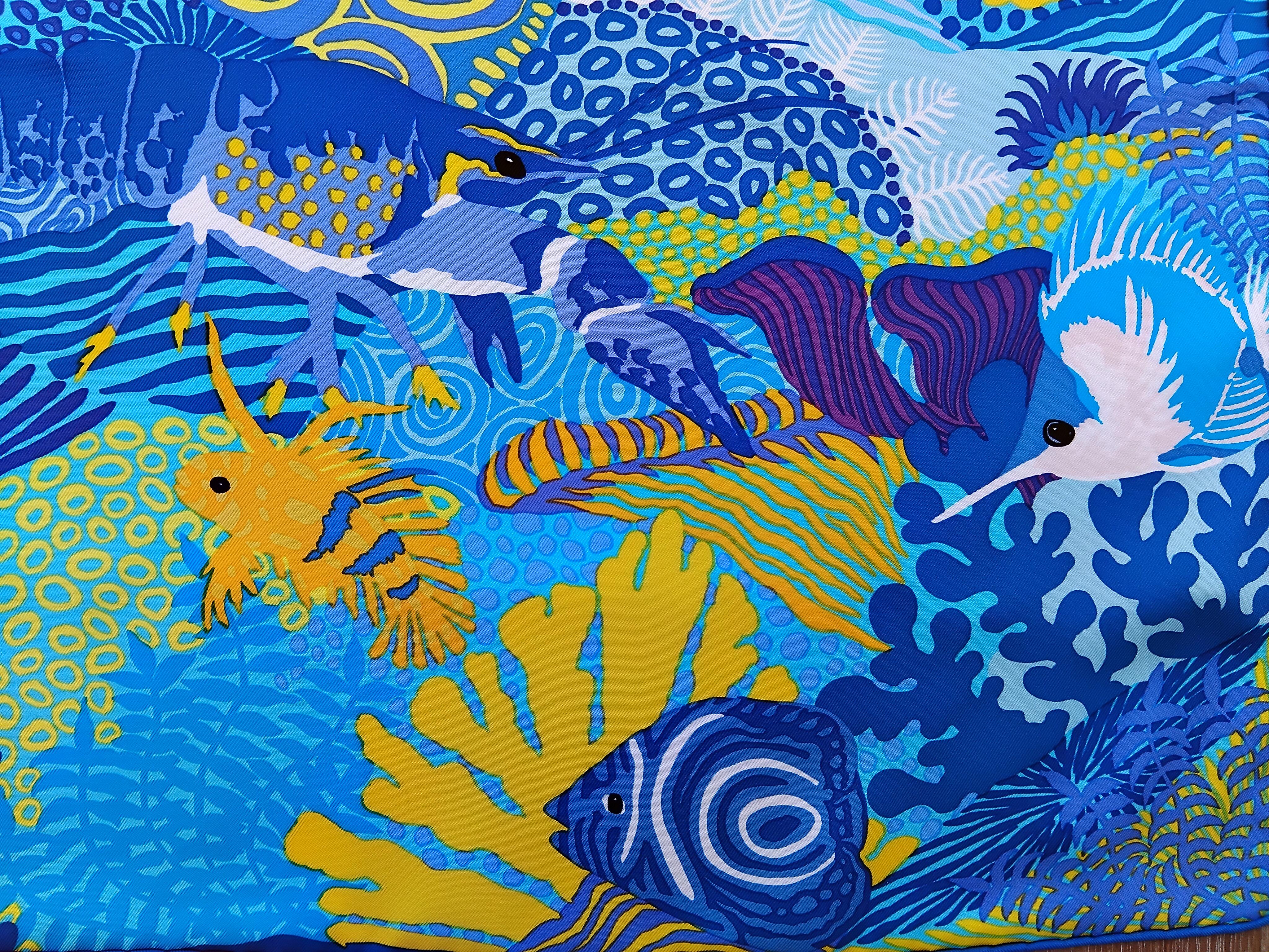 Hermès Under The Waves Seidenschal Türkis Blau Gelbe Alice Shirley 90 cm 1