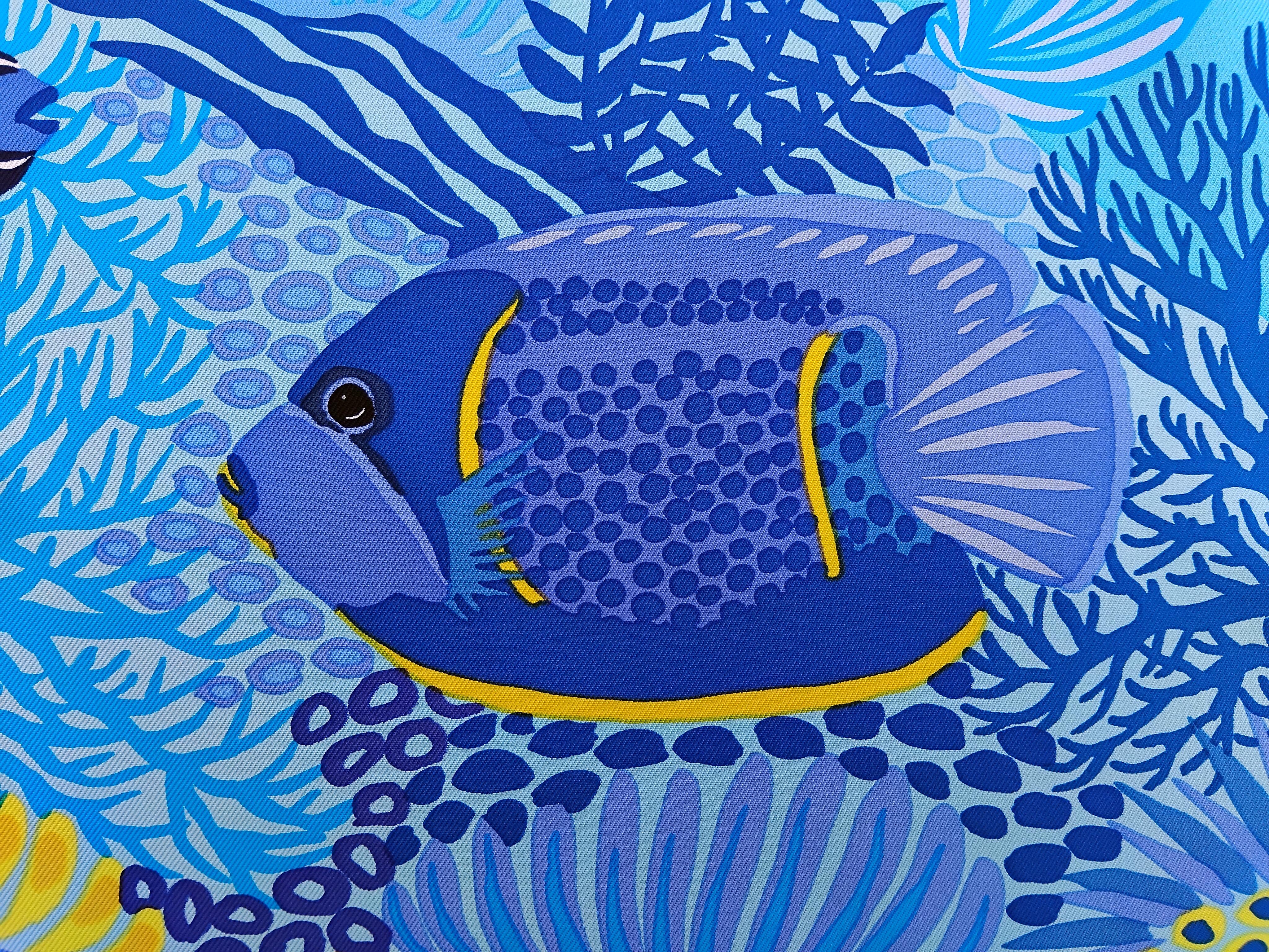 Hermès Under The Waves Seidenschal Türkis Blau Gelbe Alice Shirley 90 cm 6