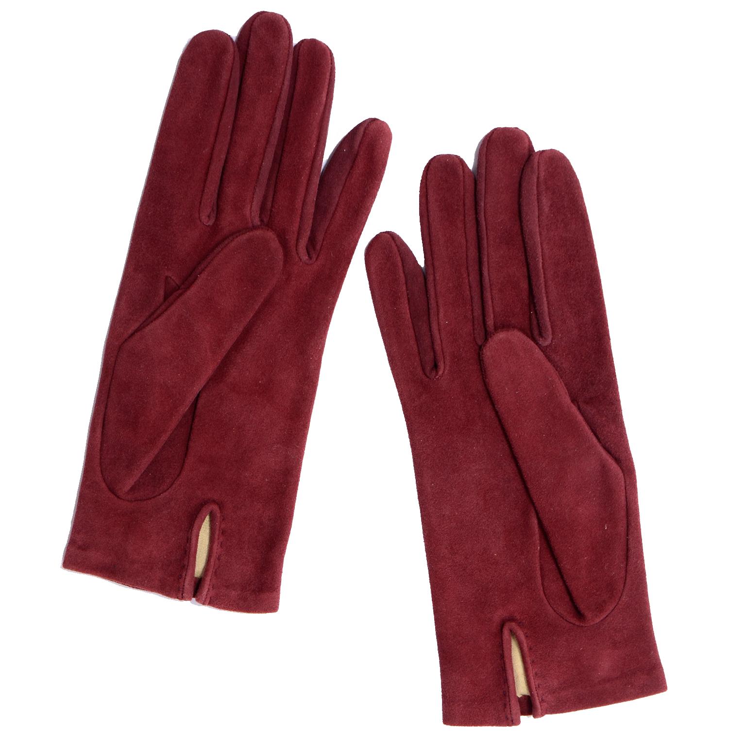 Brown Hermes Unworn Burgundy Wine Red Suede Gloves w Pierced H Silver Oval