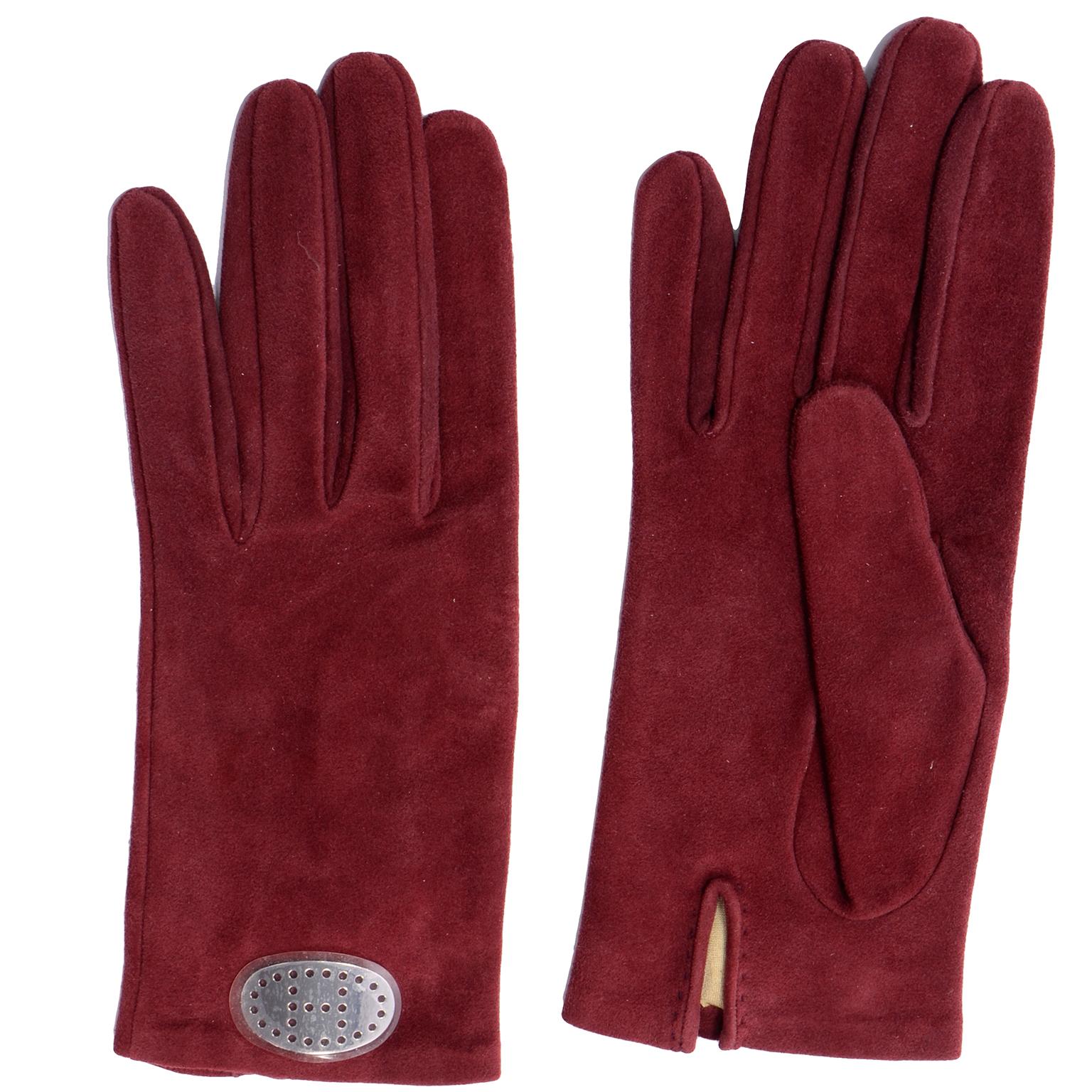 Hermes Unworn Burgundy Wine Red Suede Gloves w Pierced H Silver Oval In New Condition In Portland, OR