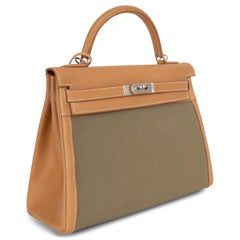 HERMES Vache Naturelle leather & Khaki Toile KELLY 32 RETOURNE Bag PHW