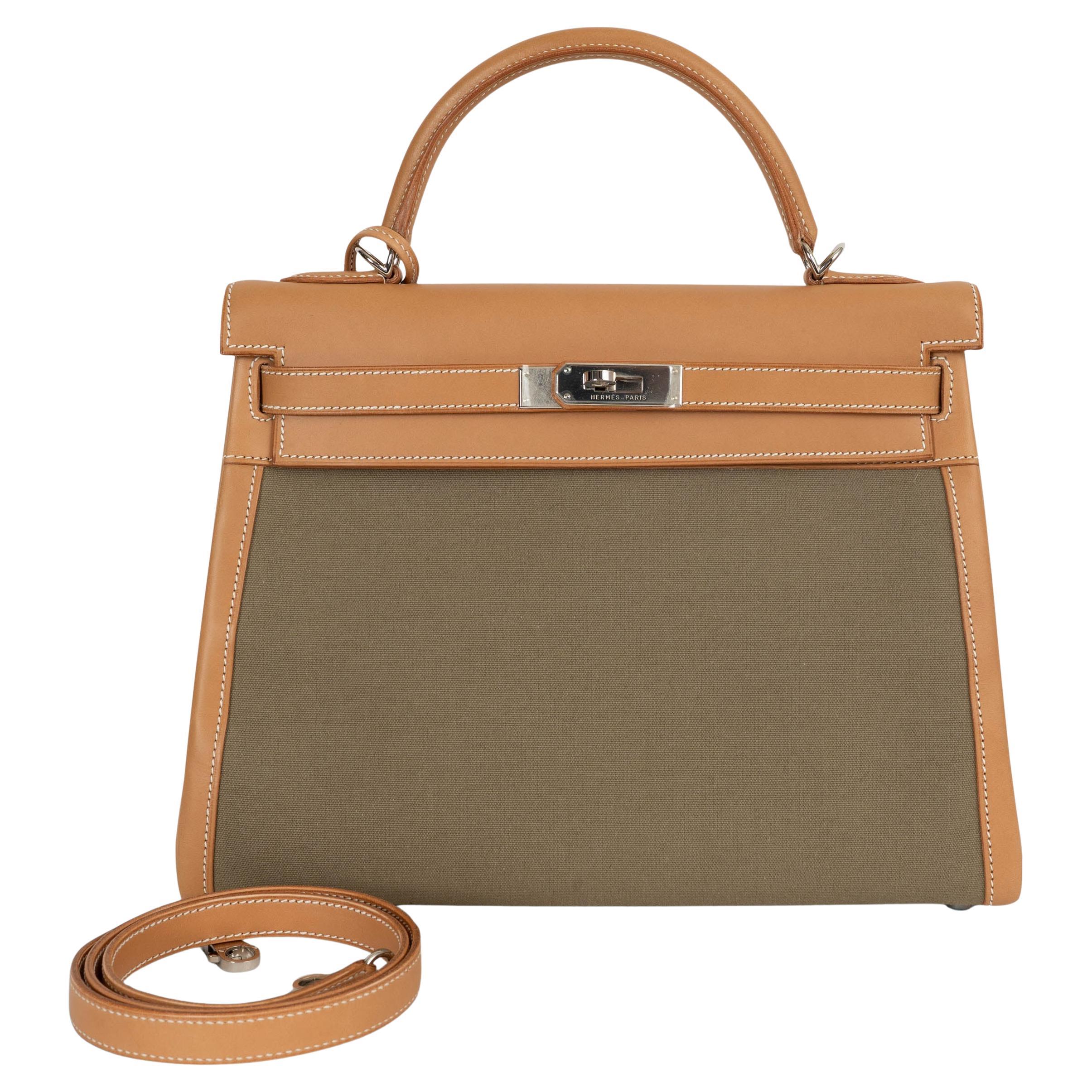 HERMES Vache Naturelle in pelle e Khaki Toile KELLY 32 RETOURNE Borsa PHW in vendita
