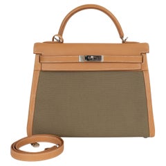 HERMES Vache Naturelle in pelle e Khaki Toile KELLY 32 RETOURNE Borsa PHW
