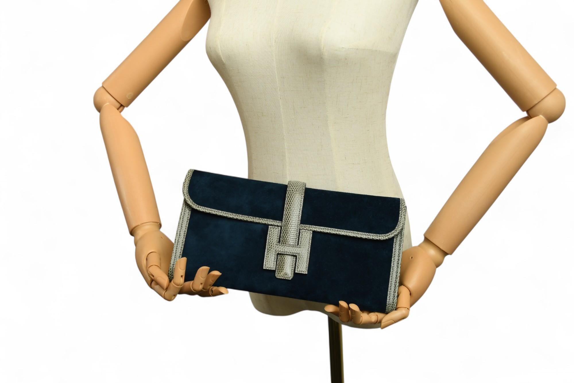 Hermès Veau Doblis Lizard Jige Elan 29 Clutch Bleu Ocean  2010s  Exotic Trim For Sale 6
