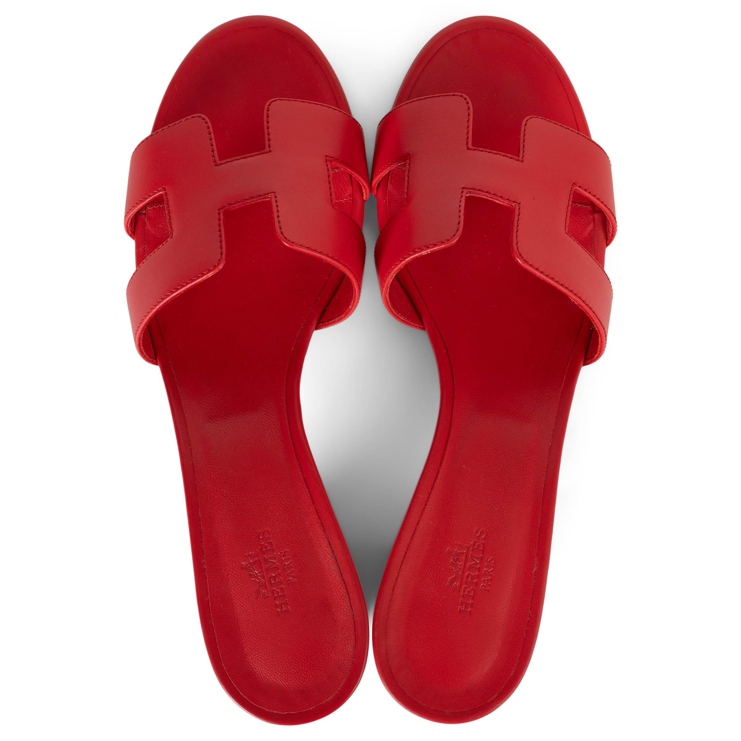 Women's HERMES Vermillion red leather OASIS Slide Sandals Shoes 39.5 For Sale