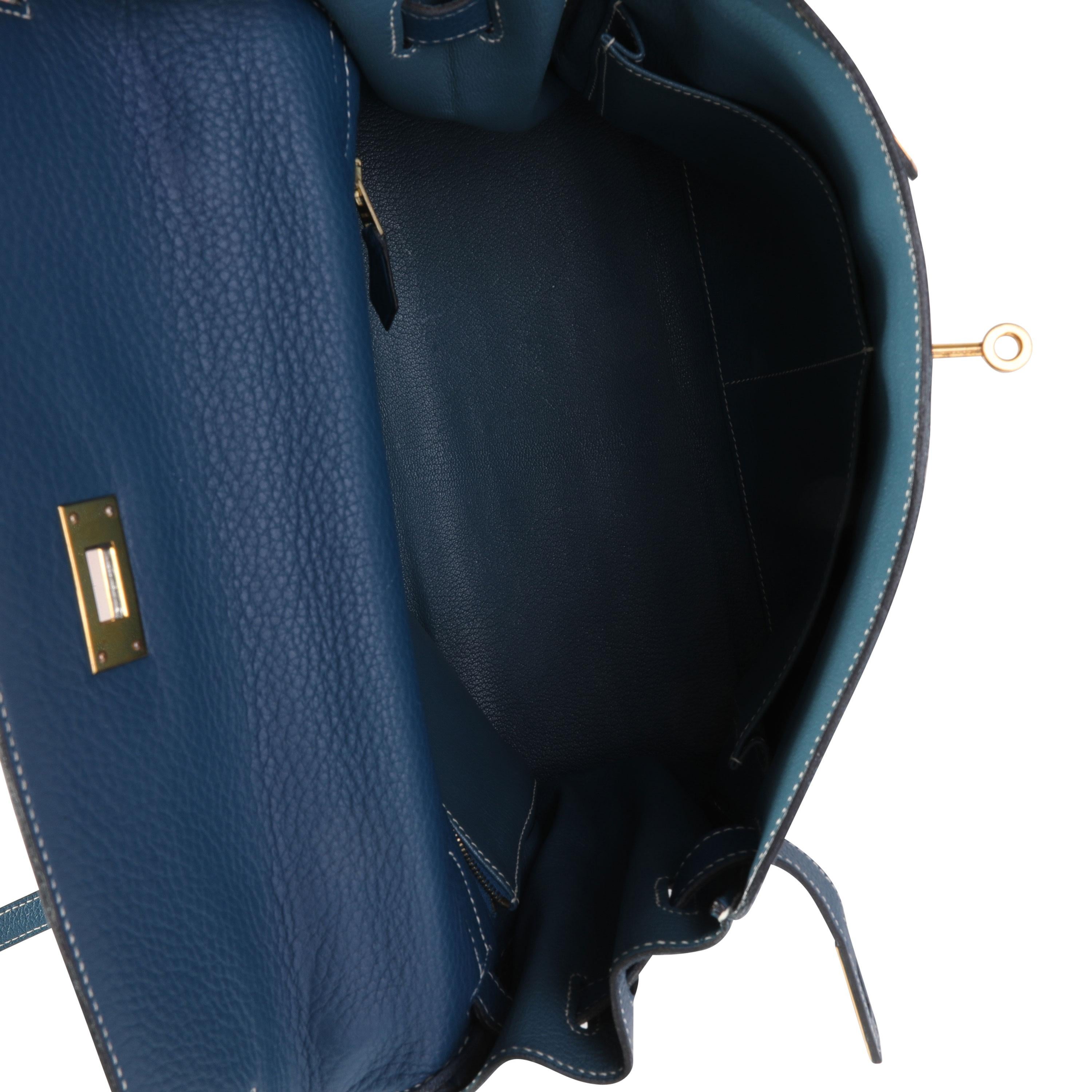 Blue Hermès Verso Bleu Thalassa & Bleu Jean Clémence Retourne Kelly 32 GHW For Sale