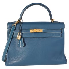 Vintage Hermès Verso Bleu Thalassa & Bleu Jean Clémence Retourne Kelly 32 GHW