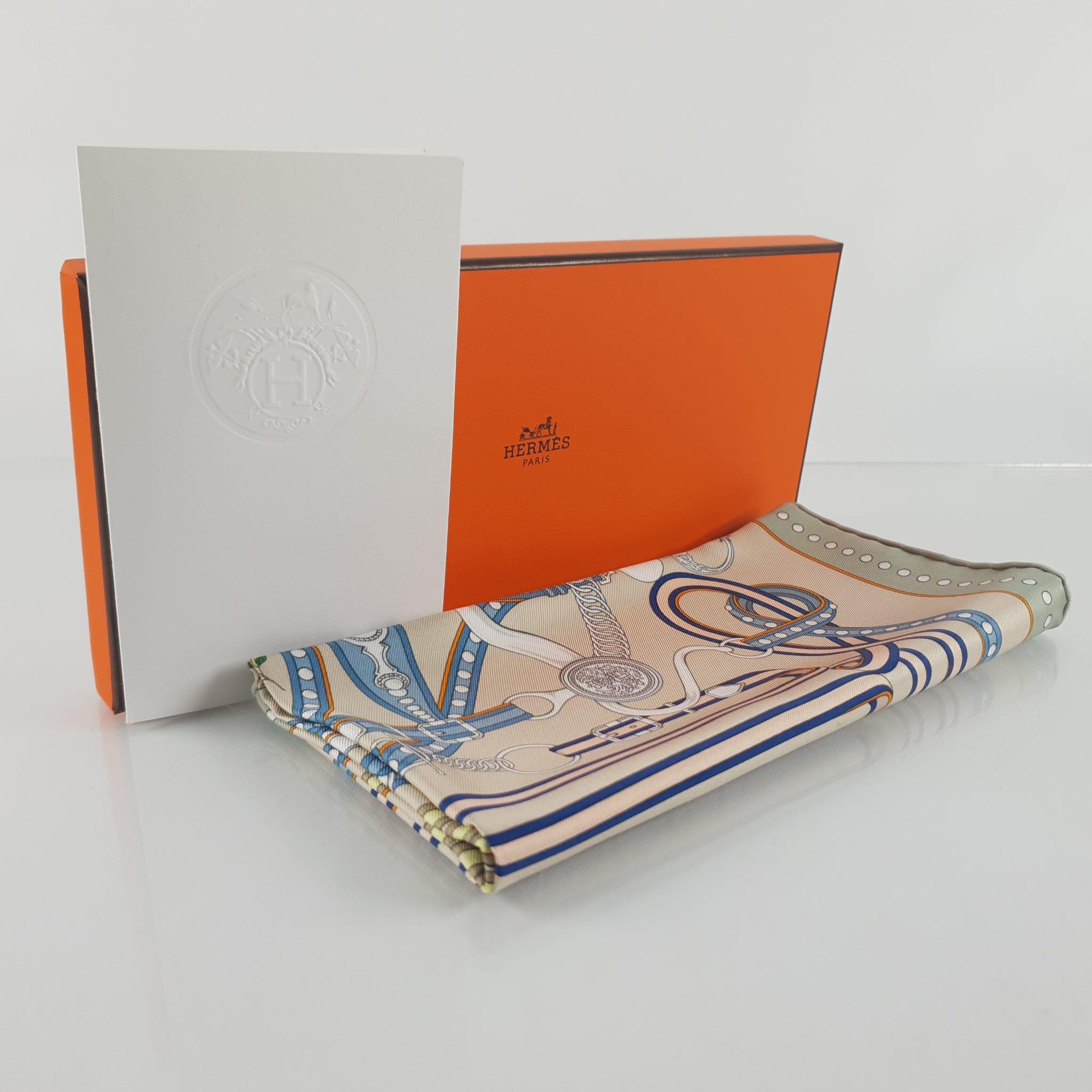 Hermes Vert Amande, Beige & Bleu silk Grand Tralala scarf 45 1