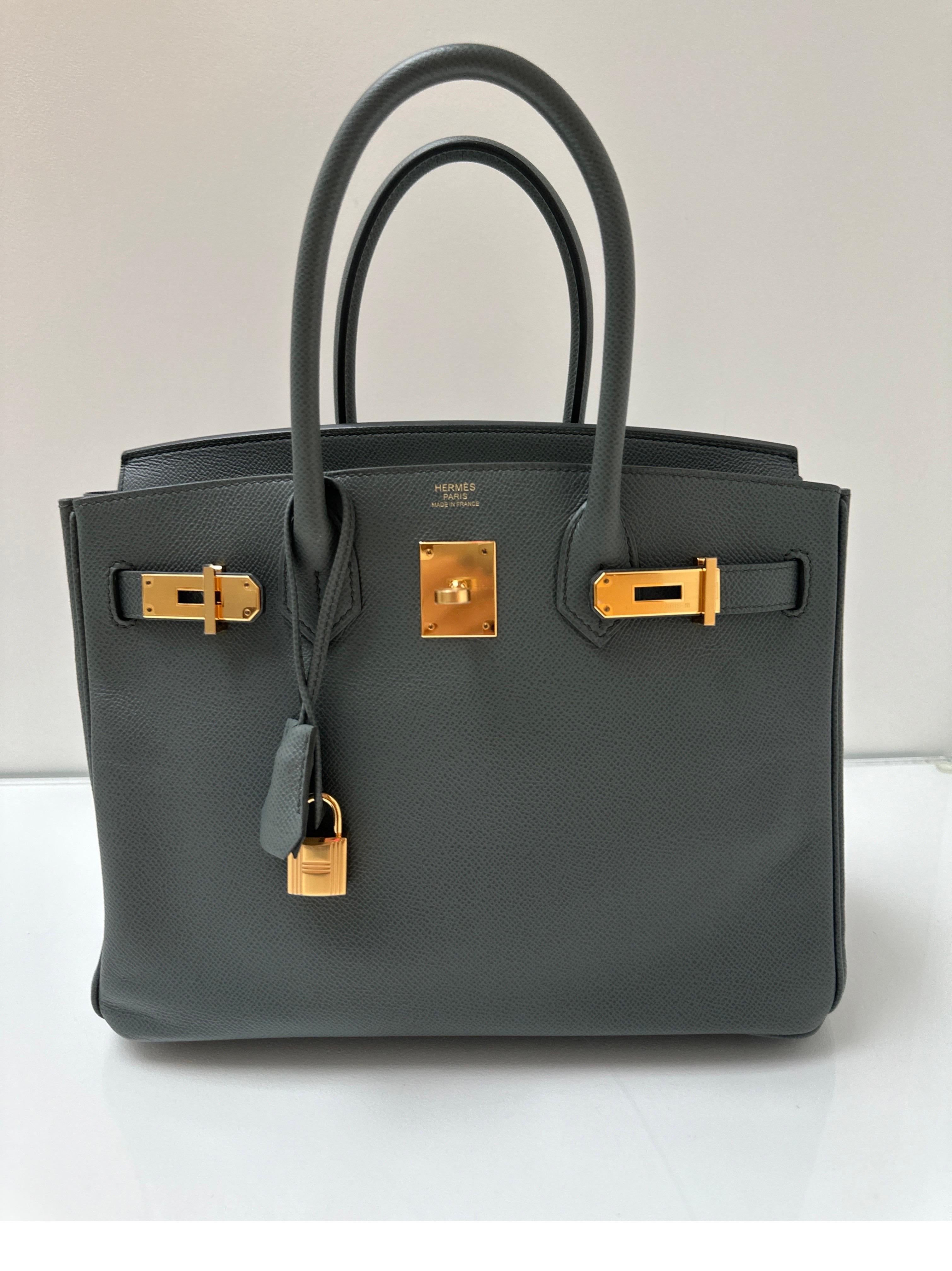 Hermes Vert Amande Birkin 30 Bag. Gold hardware. Epsom leather. Green grey color. Very good condition.  Z stamp. Interior clean. Includes clochette, lock, keys, and dust bag. Guaranteed authentic. 