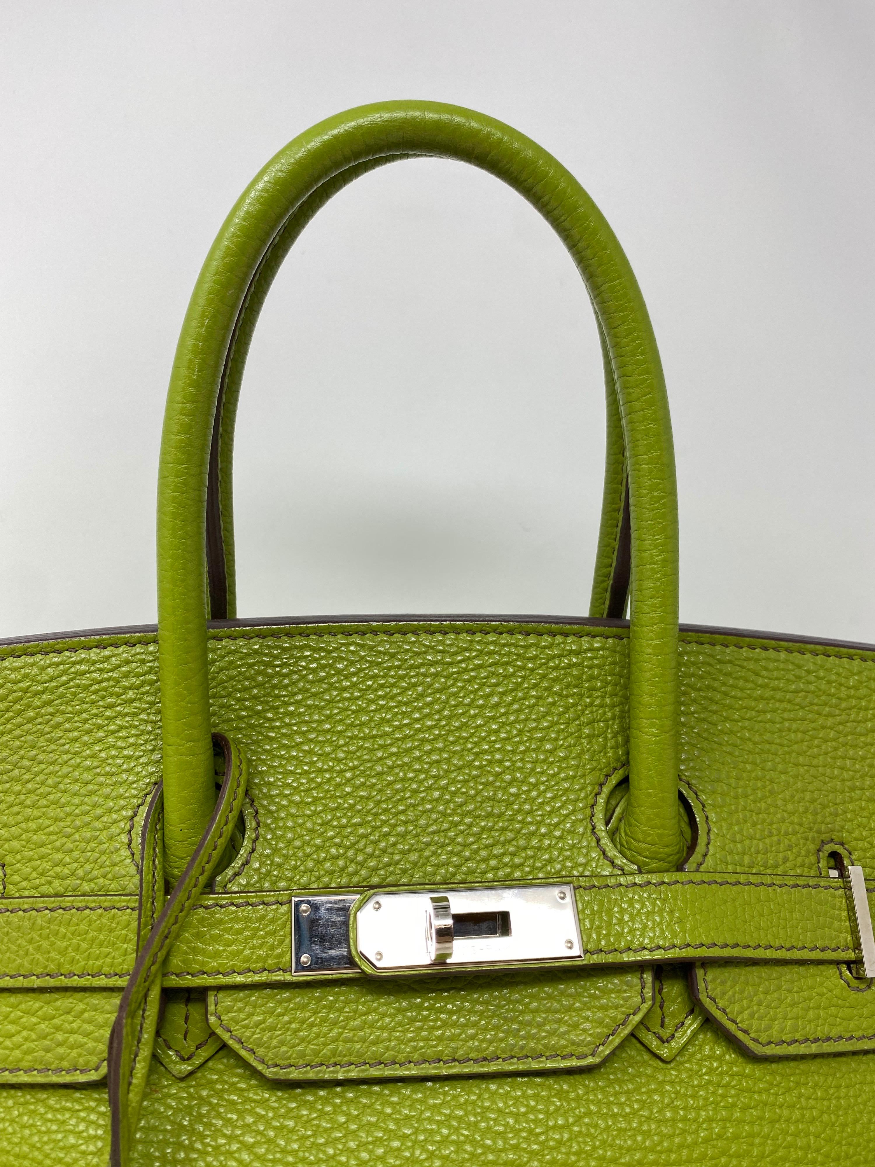Hermes Vert Green Birkin 35 Bag. Nice light green bag with palladium hardware. Good condition. Light wear throughout. Includes clochette, lock, keys and dust cover. Guaranteed authentic. 