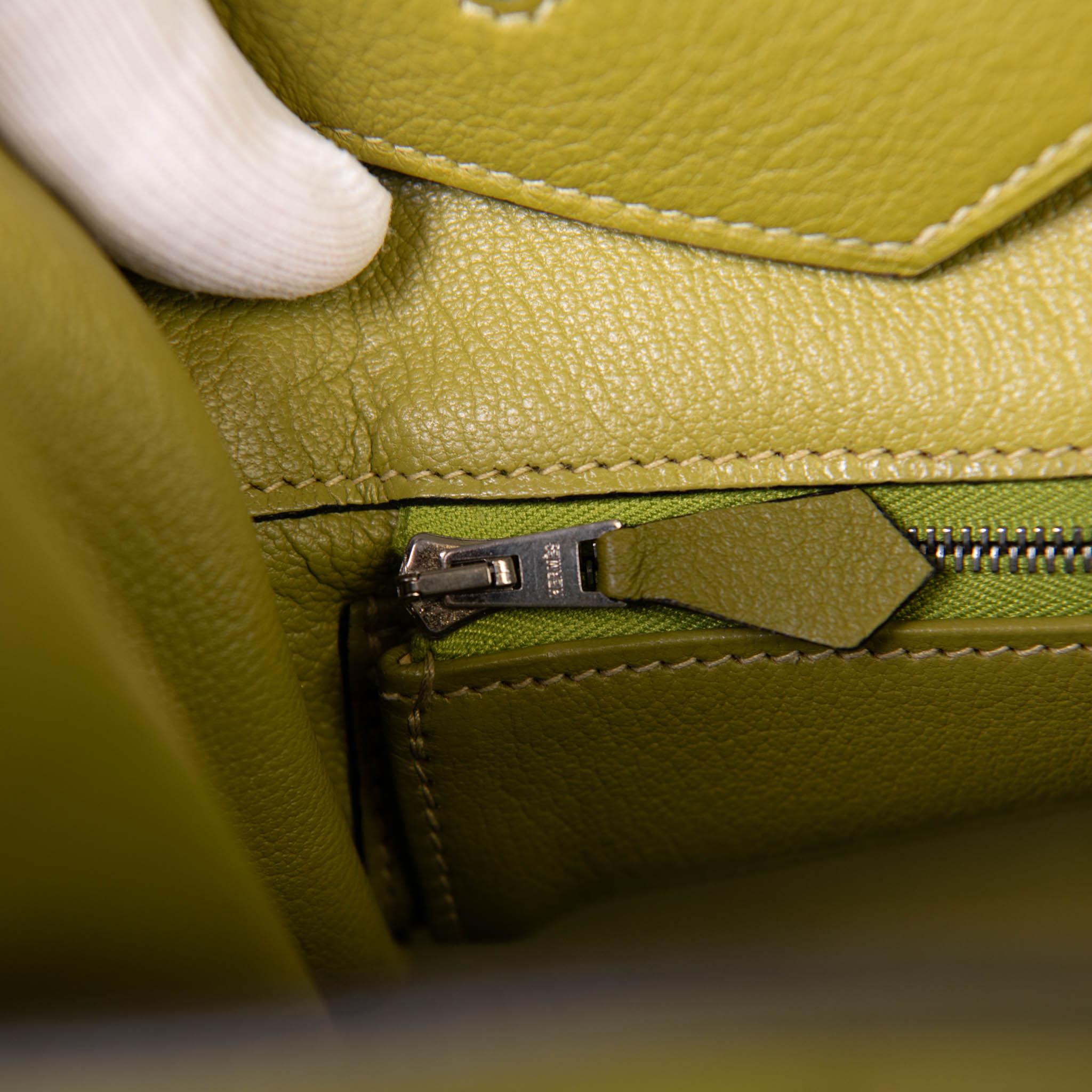 Hermes Vert Chartreuse Clemence Leder 40cm Birkin Palladium Hardware im Angebot 9