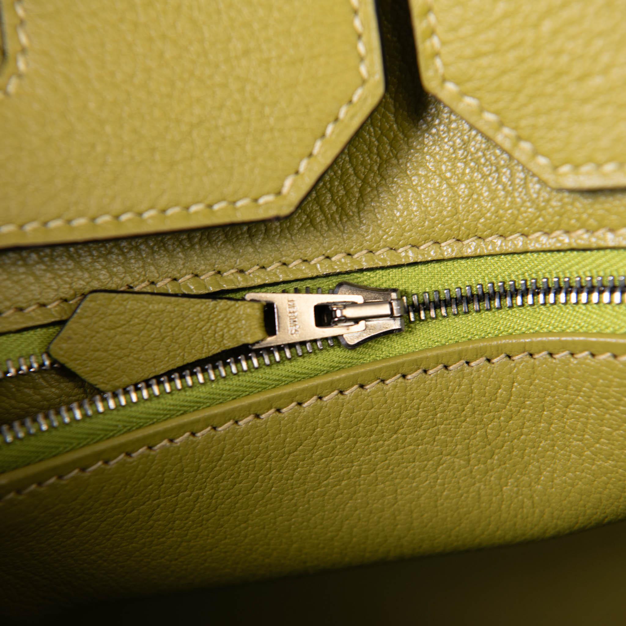 Hermes Vert Chartreuse Clemence Leder 40cm Birkin Palladium Hardware im Angebot 10