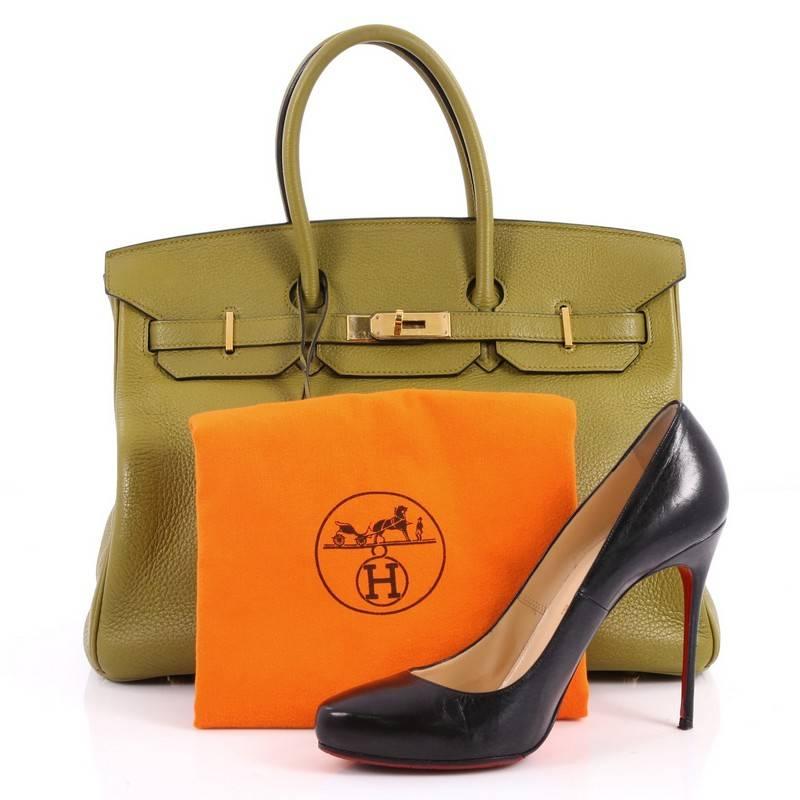 This authentic Hermes Birkin Handbag Vert Chartreuse Green Clemence with Gold Hardware 35 stands as one of the most-coveted and timeless bags fit for any fashionista. Constructed from scratch-resistant Vert Chartreuse green clemence leather, this