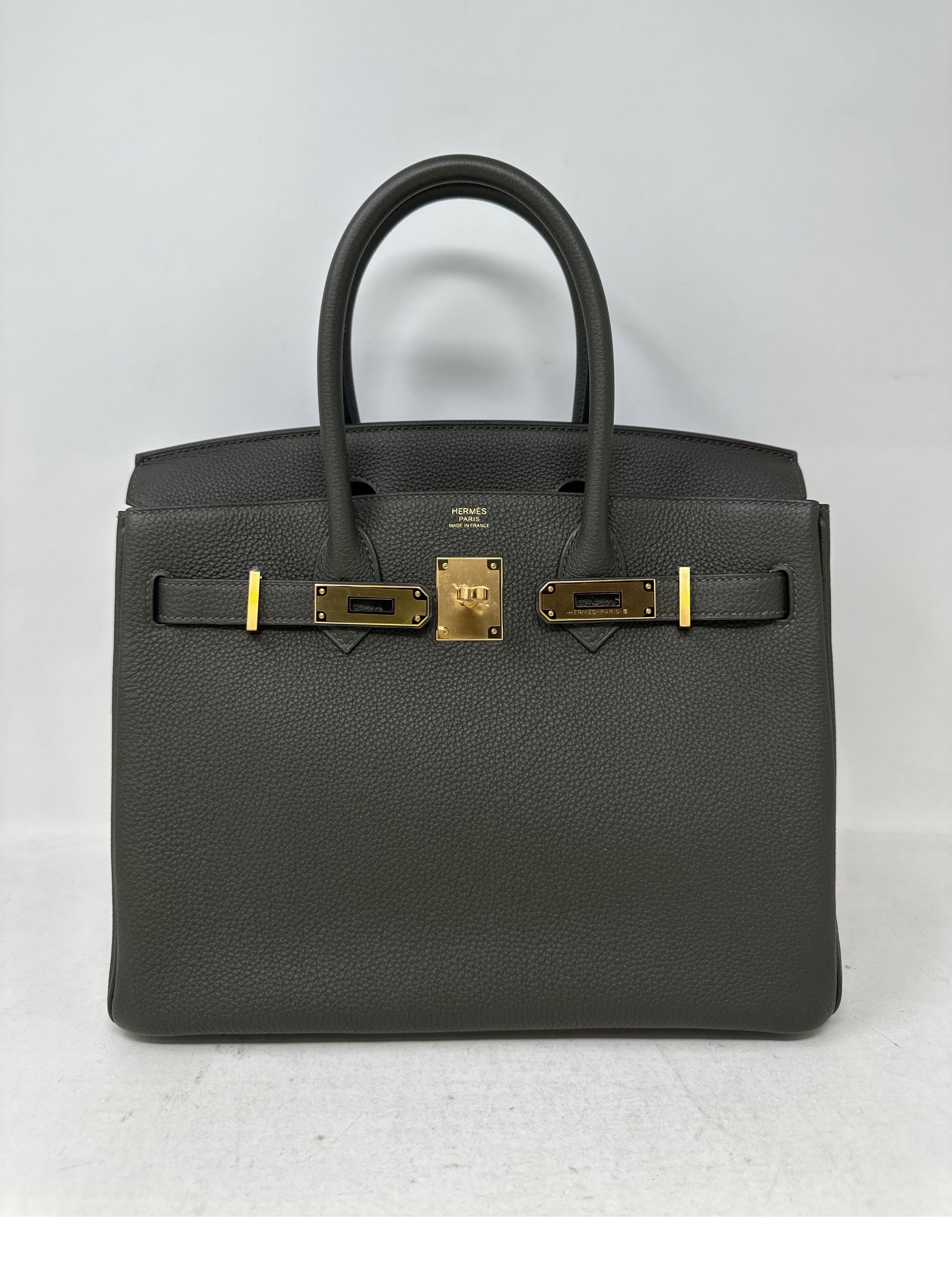 Hermes Vert De Gris Birkin 30 Bag. Togo leather. New never used. Gold hardware. Most wanted size 30 and highly desired Vert grey color. Full set. Includes clochette, lock, keys, and dust bag. Guaranteed authentic. Gorgeous bag. Don't miss out on