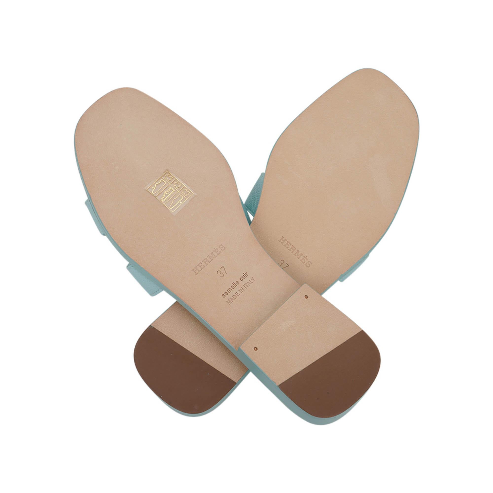 Hermes Vert Embrun Oran Sandal Epsom Leather Flat Shoes 37 For Sale 1