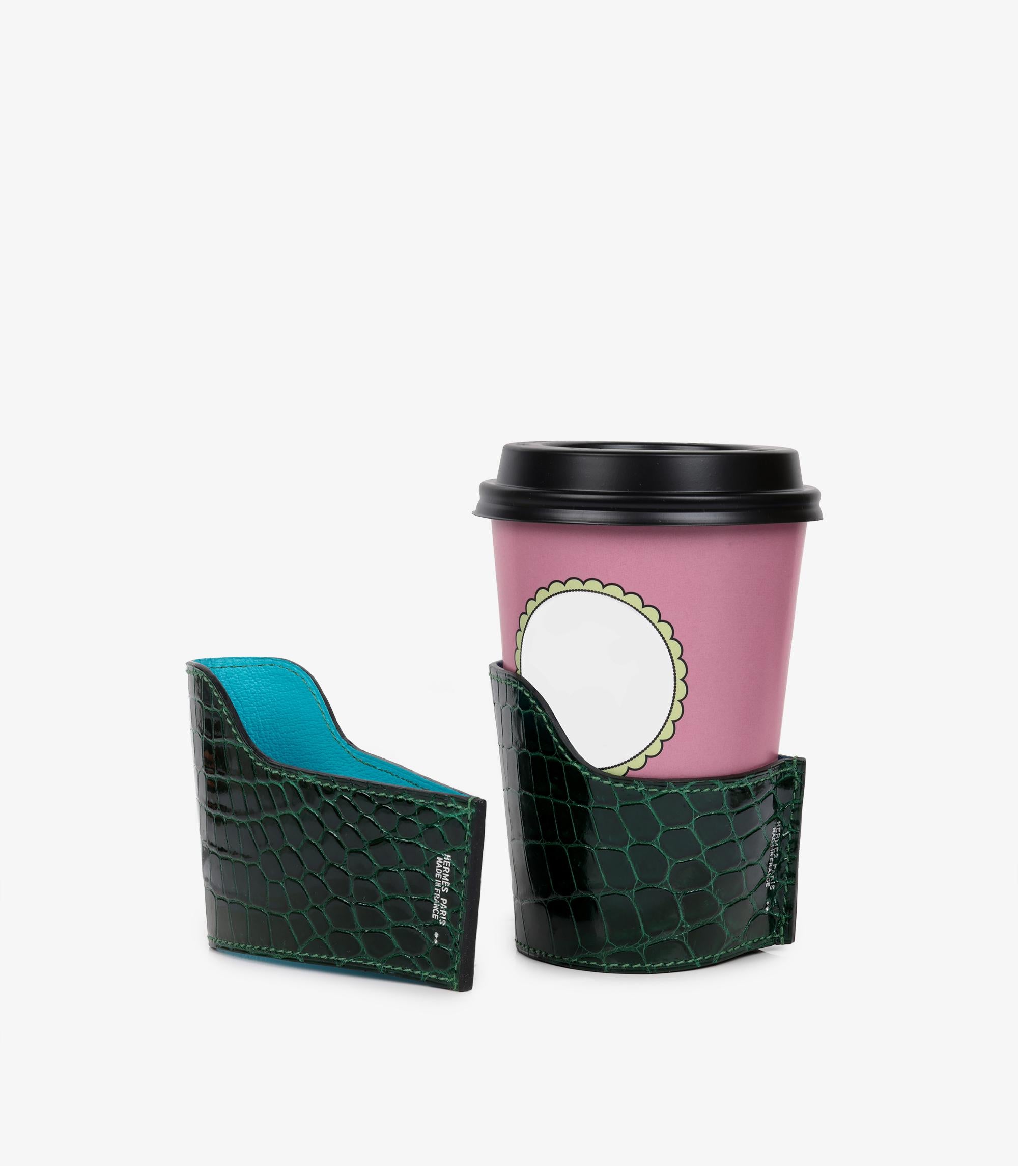 Black Hermès Vert Emeraude Shiny Alligator Leather Petite H Coffee Cup Holder For Sale