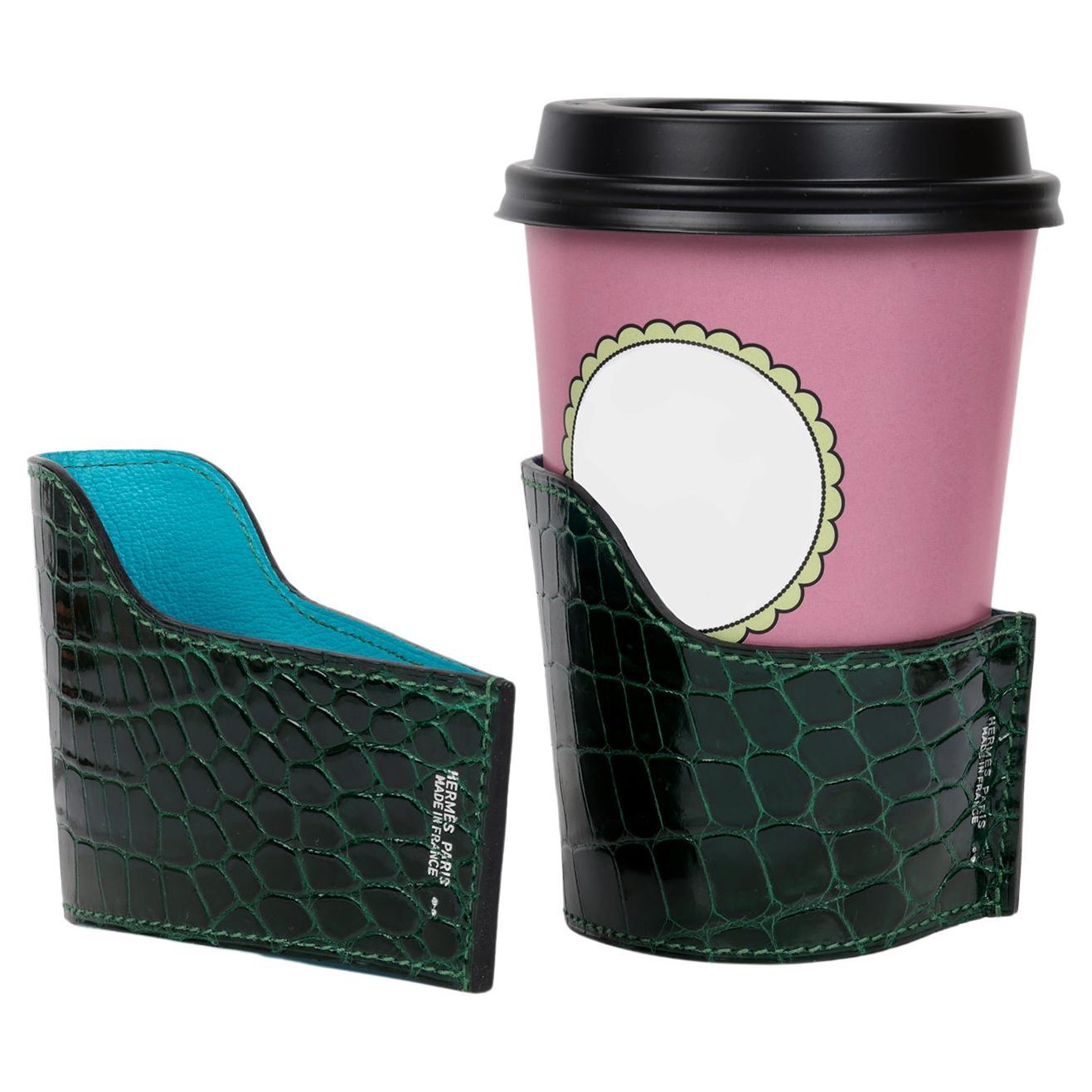 Hermès Vert Emeraude Shiny Alligator Leather Petite H Coffee Cup Holder For Sale