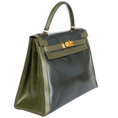 HERMES Vert green Box leather BI-COLOR KELLY 32 RETOURNE Bag Gold