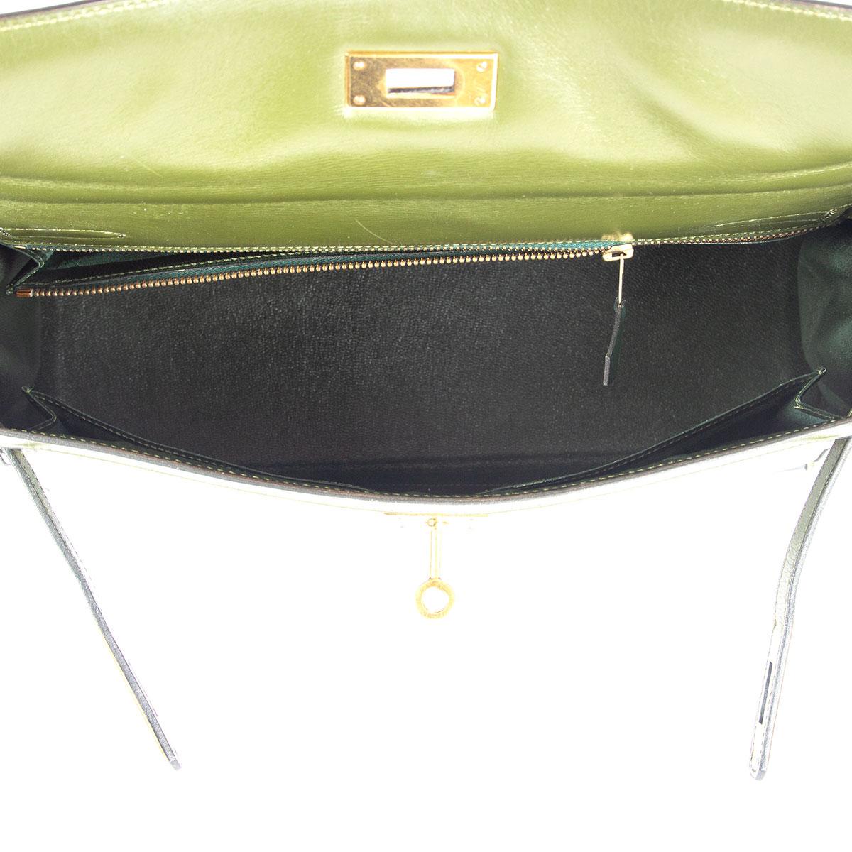 Black HERMES Vert green Box leather BI-COLOR KELLY 32 RETOURNE Bag Gold