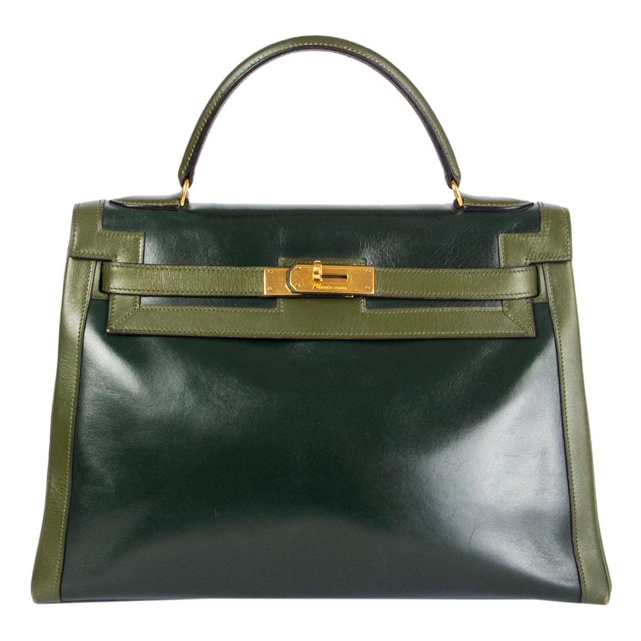 HERMES Vert green Box leather BI-COLOR KELLY 32 RETOURNE Bag Gold