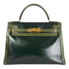 Retro HERMES Vert green Box leather BI-COLOR KELLY 32 RETOURNE Bag Gold