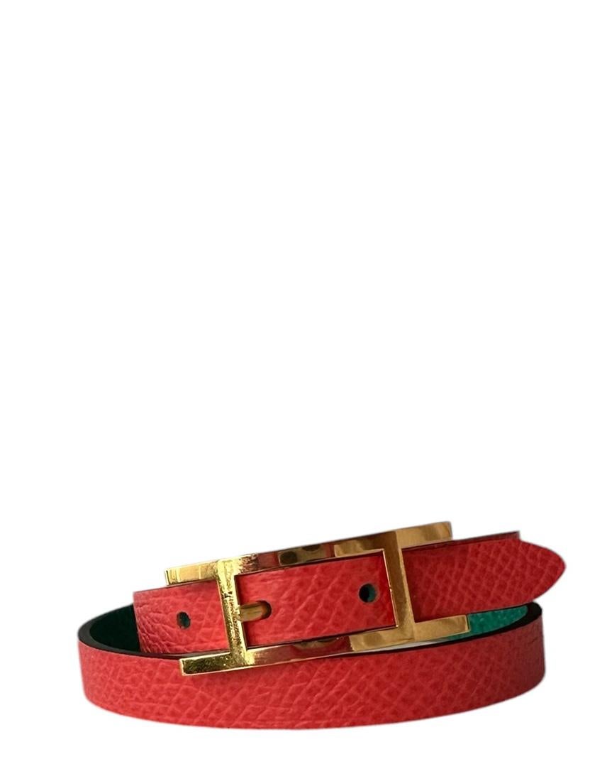 Hermes Vert Jade / Rose Jaipur Leather Reversible Behapi Double Tour Wrap sz T2 In Excellent Condition In New York, NY