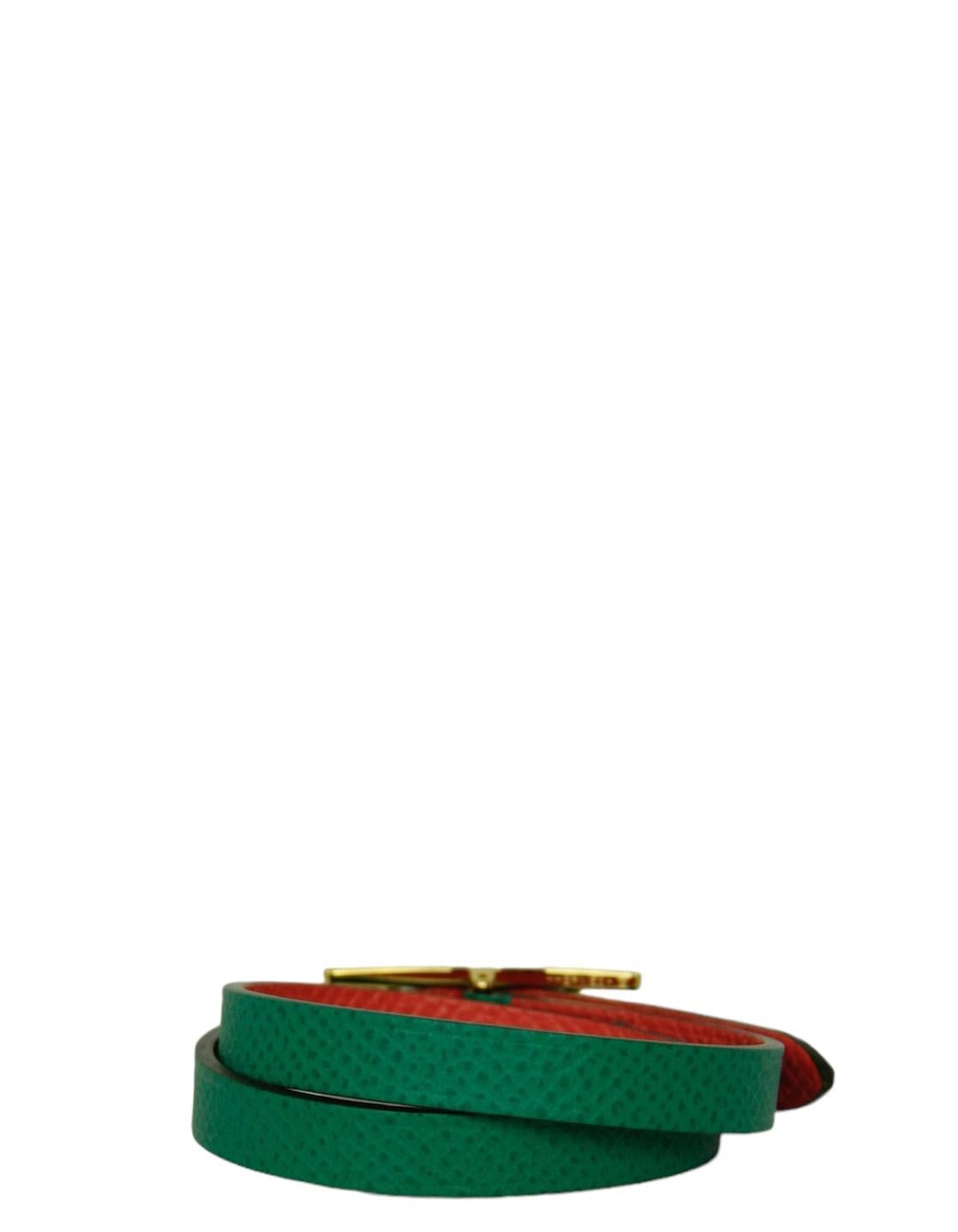 Women's Hermes Vert Jade / Rose Jaipur Leather Reversible Behapi Double Tour Wrap sz T2