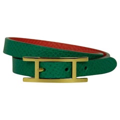 Hermes Vert Jade / Rose Jaipur Leather Reversible Behapi Double Tour Wrap sz T2