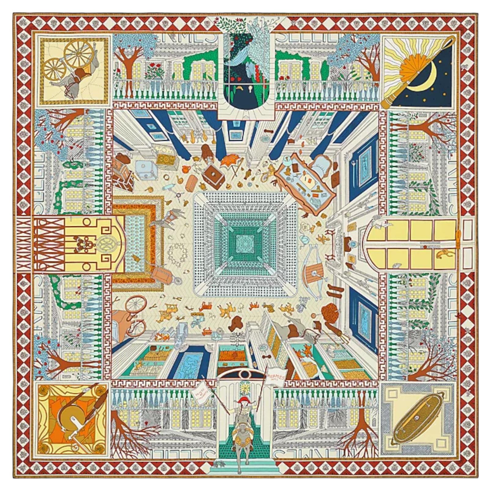 HERMES 23Stainless Steel Calle 90 silk Chevaloscope Chevaloscope scarf Horse horse White multicolor