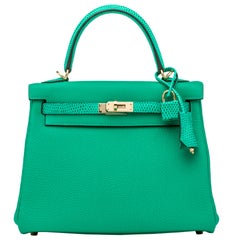 Hermès Vert Kelly 25cm mit Eidechsenbesatz