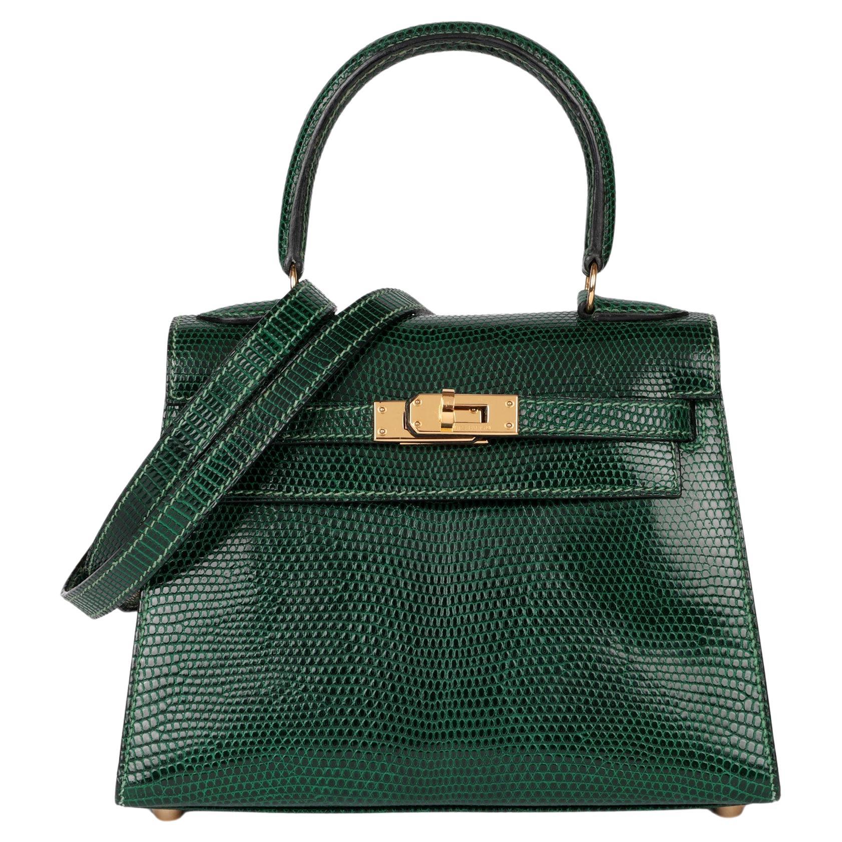 Hermès Vert Moyen Lizard Leather Vintage Kelly 20cm Sellier en vente