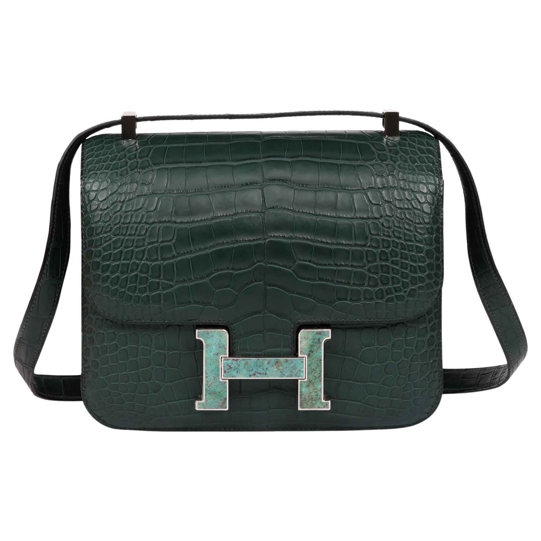 Hermès Vert Titien Matte Alligator Leather Turquoise Marble Constance 24 For Sale