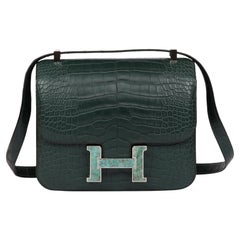 Hermès Vert Titien Matte Alligator Leather Turquoise Marble Constance 24