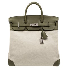 Hermes Vert Veronese/Beige Canvas and Leather Palladium Finish HAC Birkin 40 Bag