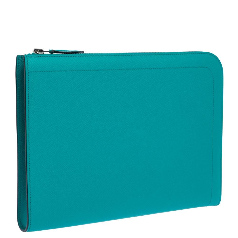Hermes Vert Vertigo Epsom Leather Zip Tablet Case In Excellent Condition In Dubai, Al Qouz 2