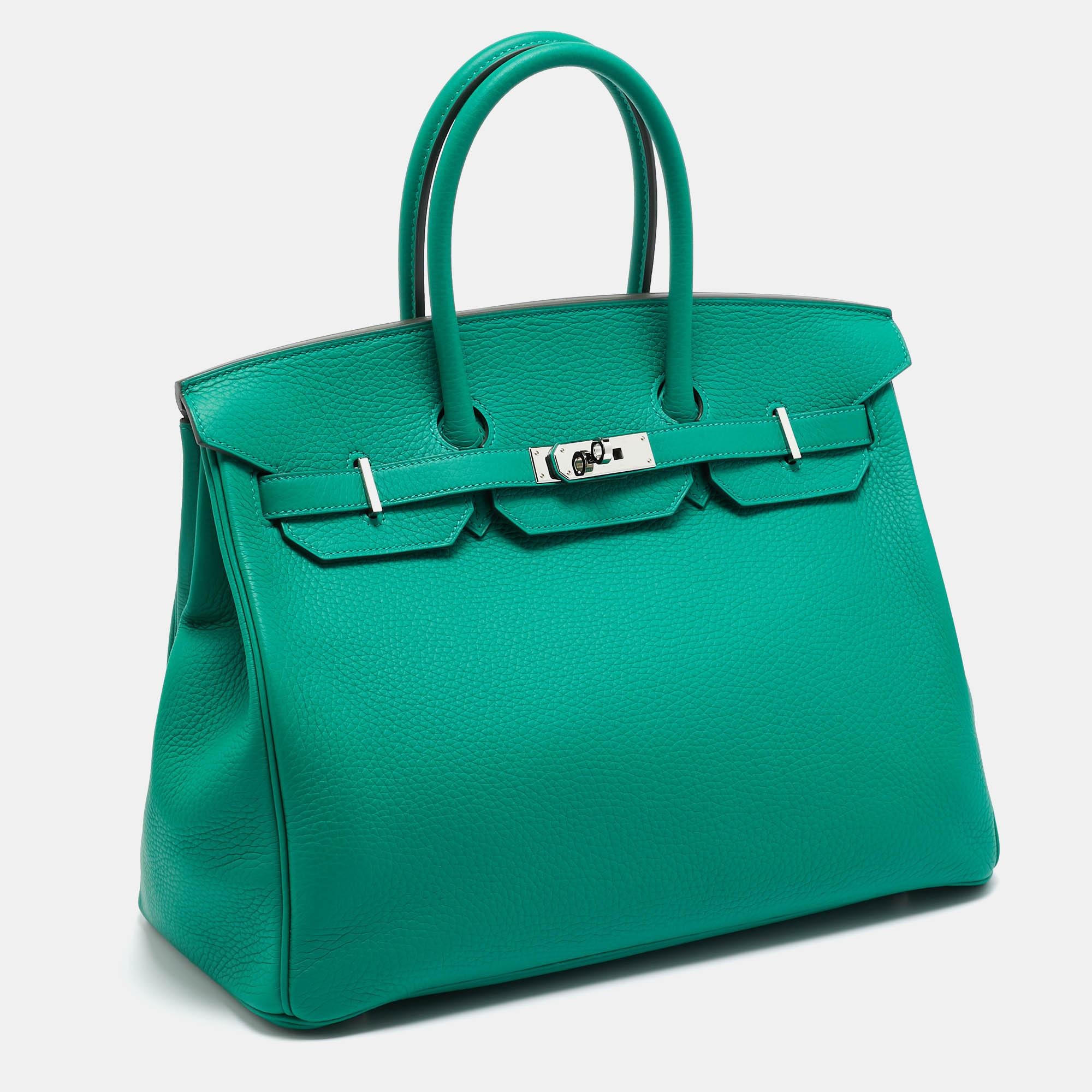 Hermes Vert Vertigo/Vert Fonce Taurillon Clemence Palladium Finish Birkin 35 Bag For Sale 15