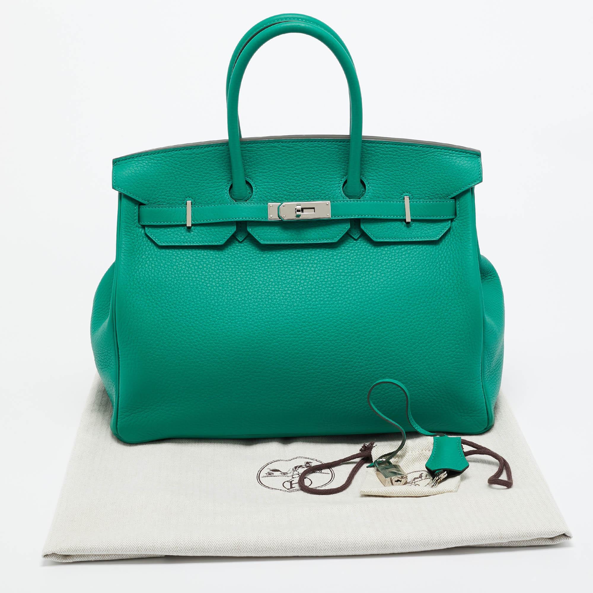 Hermes Vert Vertigo/Vert Fonce Taurillon Clemence Palladium Finish Birkin 35 Bag For Sale 16