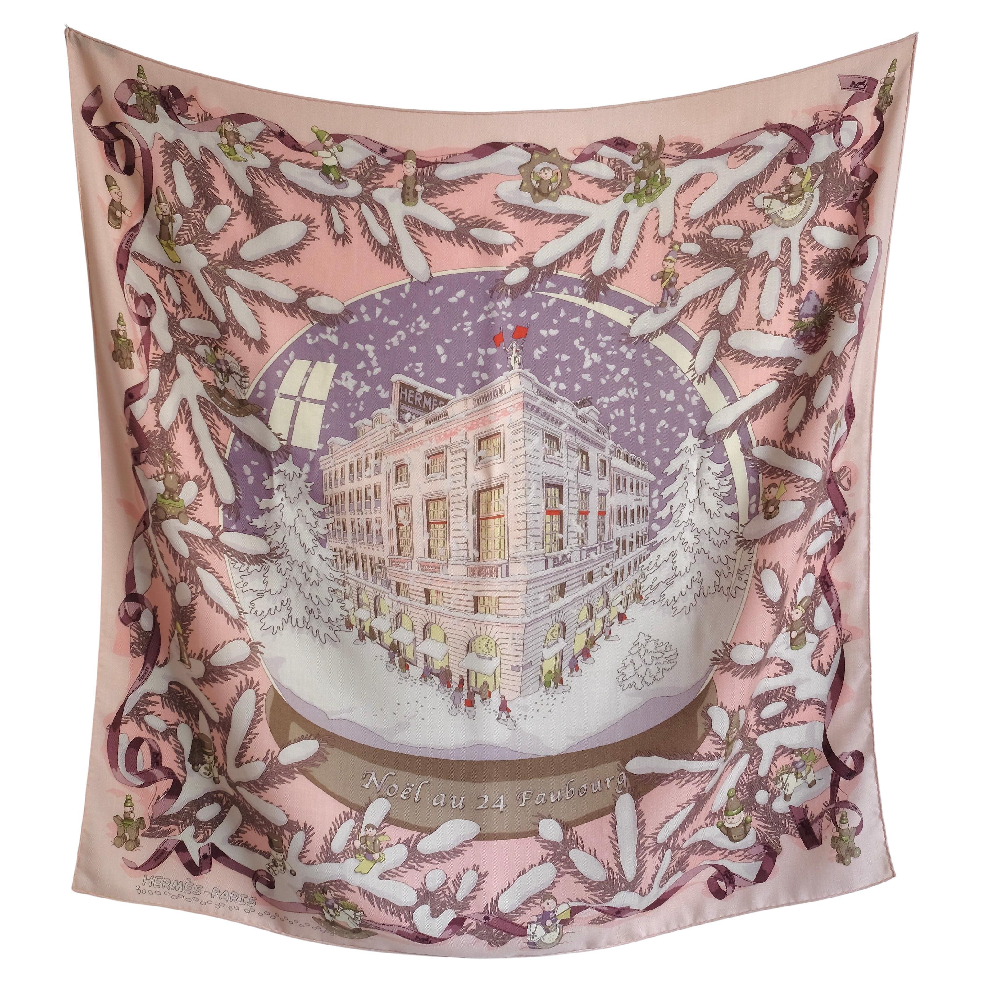 HERMÈS - Very rare 90x90 Cashmere Shawl "NÖEL AU 24 FAUBOURG" By D. Rybaltchenko in vendita