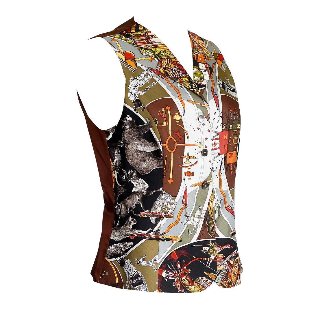 Brown Hermes Vest Les Mythologies des Hommes Rouge Scarf Print Vintage 38 / 6 For Sale