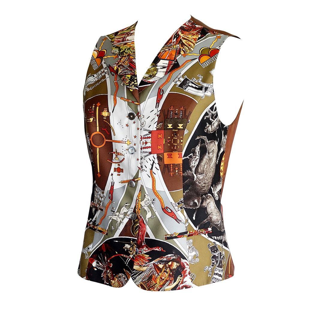 Hermes Vest Les Mythologies des Hommes Rouge Scarf Print Vintage 38 / 6 In Excellent Condition For Sale In Miami, FL