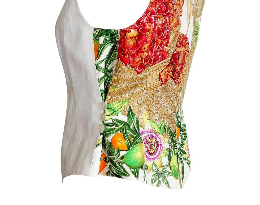Women's Hermes Vintage White Linen Front Scarf Print Back Vest 38 / 6
