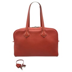 Hermes Victoria II Fourre-Tout 35 Brique Red Clemence Leather Bag Silver 2011