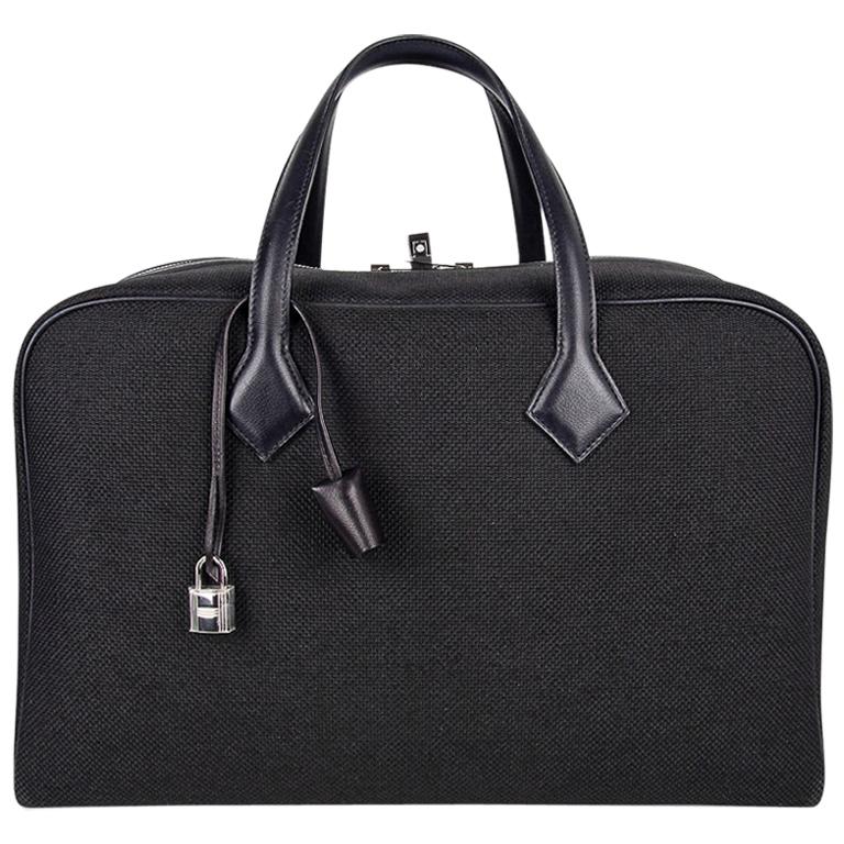 Hermes Victoria ll Fourre-Tout 43 Travel Bag Black Toile Palladium Hardware New