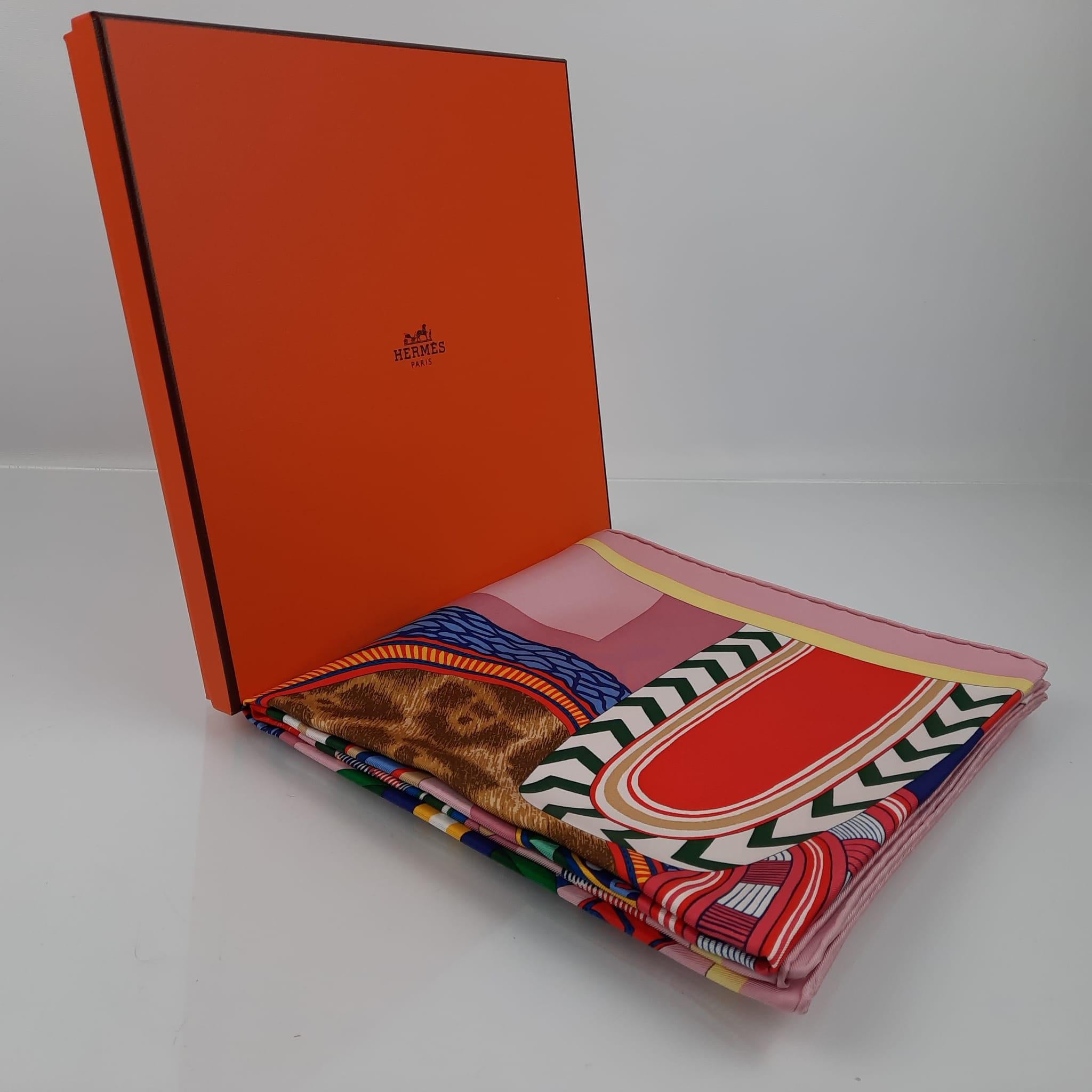 Hermes Vieux Rose / Vert / Rouge La Selle Imaginaire scarf 90 In New Condition In Nicosia, CY