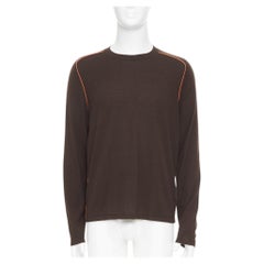 HERMES Vintage-Pullover mit Rundhalsausschnitt aus 100 % Kaschmir, braun mit orangefarbenen Kontrastpaspeln