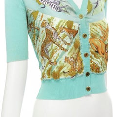 HERMES Vintage 100% silk animal print teal blue ribbed cotton cardigan FR38 M