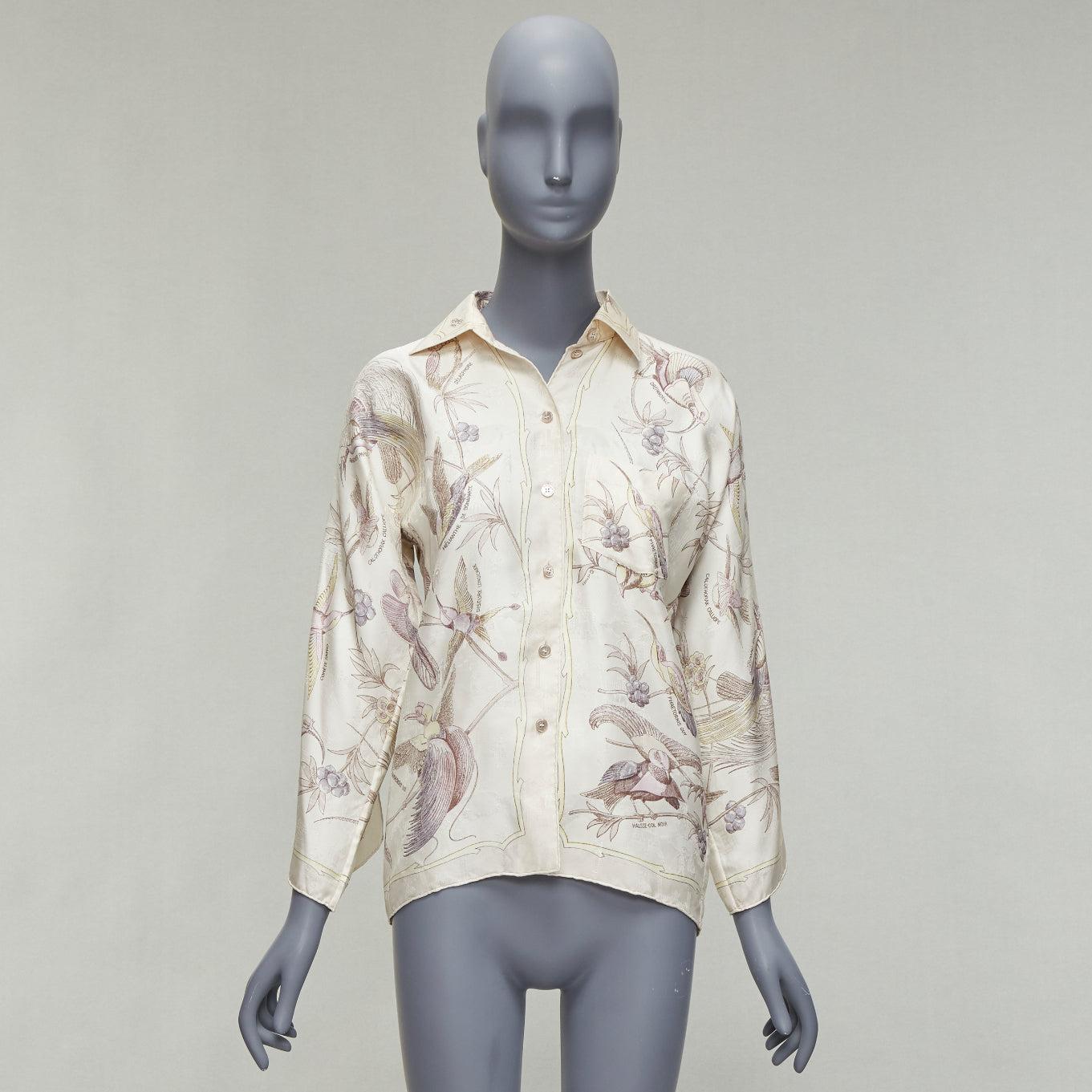 HERMES Vintage 100% silk cream bird print scarf slit sleeve kimono shirt FR34 XS For Sale 6