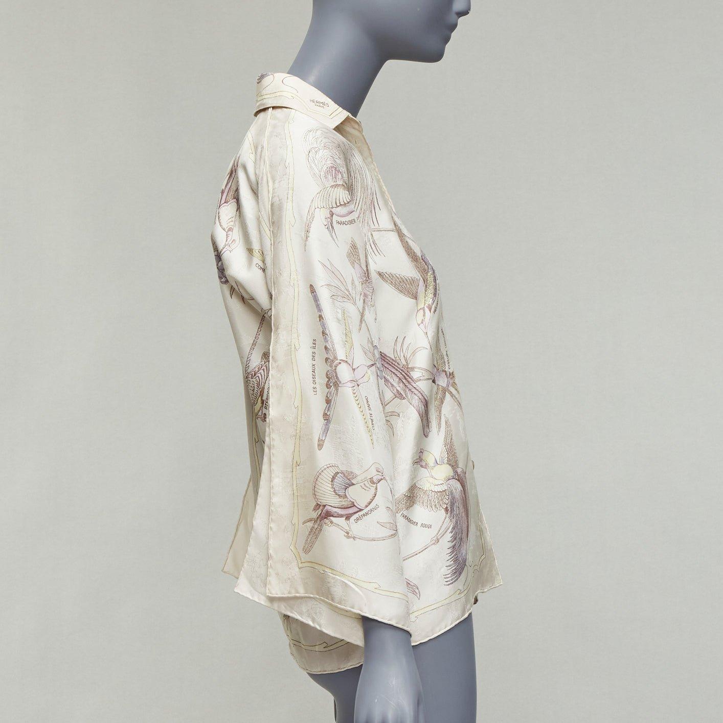 HERMES Vintage 100% silk cream bird print scarf slit sleeve kimono shirt FR34 XS In Good Condition For Sale In Hong Kong, NT