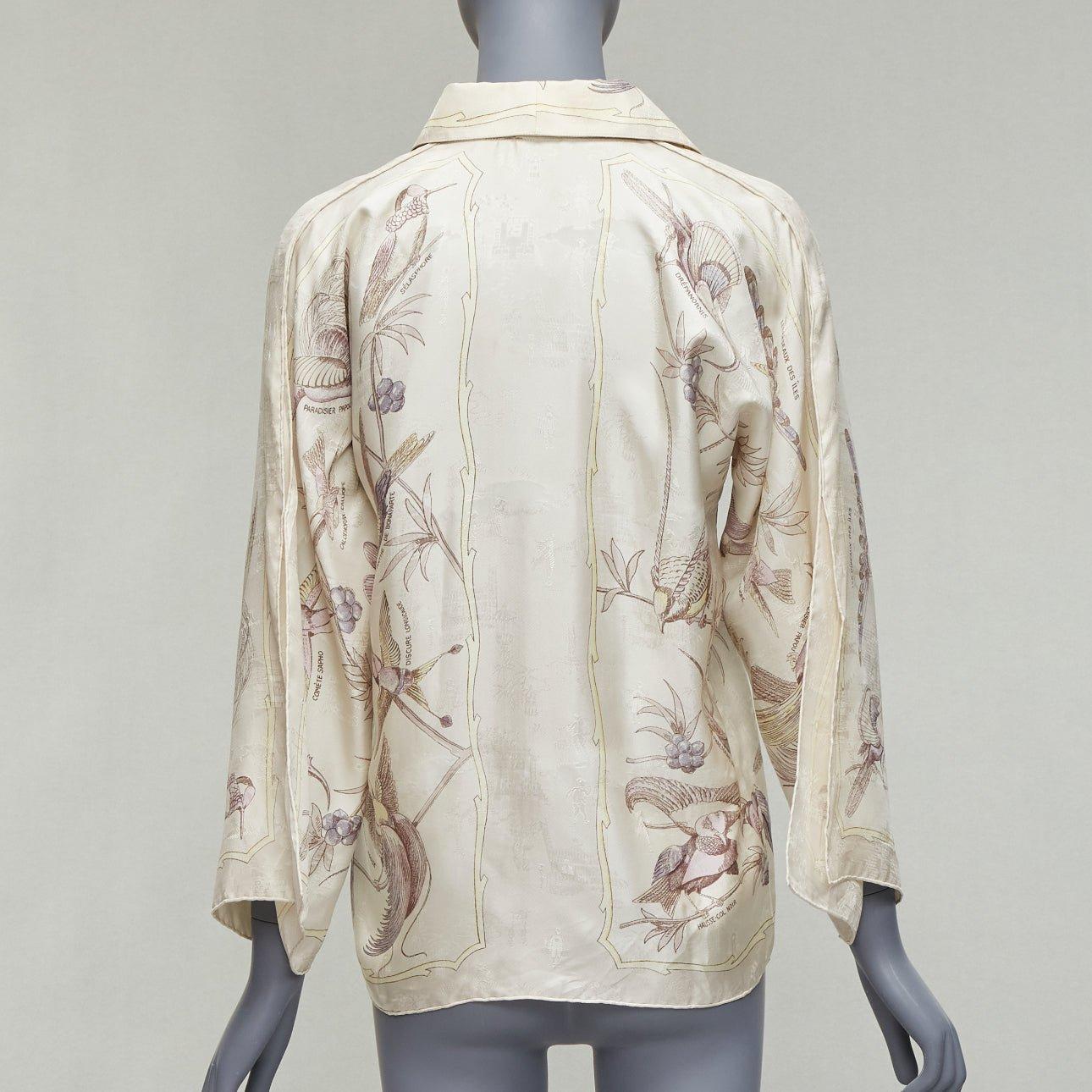 Women's HERMES Vintage 100% silk cream bird print scarf slit sleeve kimono shirt FR34 XS